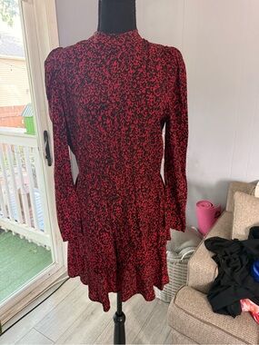 Zara Red and Black Long-Sleeve Printed Mini Dress